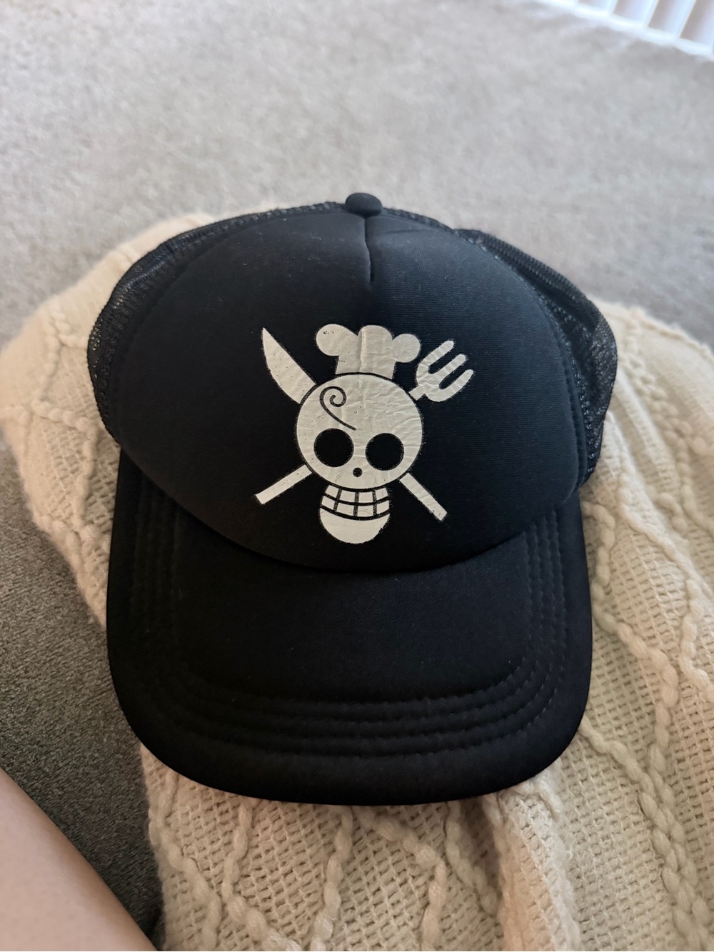 Kids Black Trucker Hat with White Skull Chef Graphic
